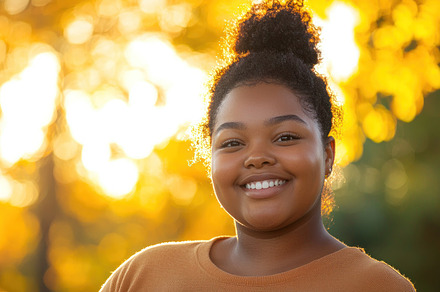 Smiling woman with curly hair enjoying a sunny autumn day outdoors Generative A, a Person Photo by José Manuel Gelpi