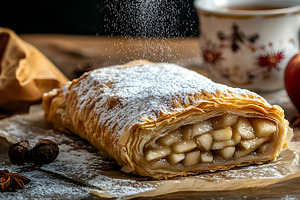 Apple strudel with powdered sugar and tea, a Food & Drink Photo by Photostock