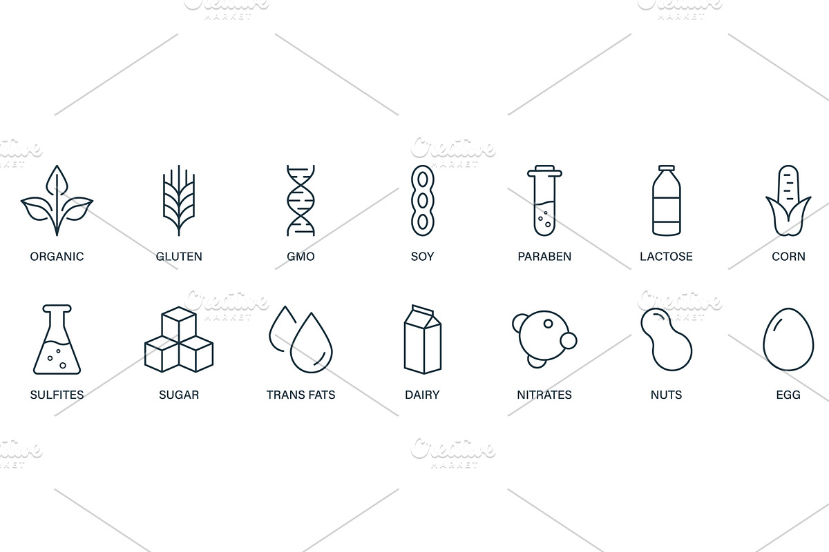 Sugar, Corn, GMO, Dairy, Nitrates, an Object Illustration by Vector Creator