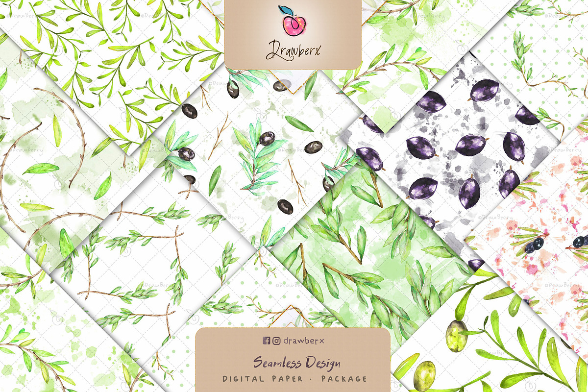 Watercolor Olive Branch paper 053 xx, a Pattern Graphic by Drawberx