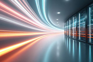 Futuristic data center with glowing light trails, a Technology Photo by AlyaAnd