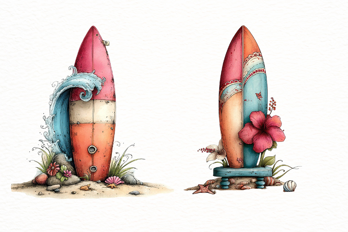 Whimsical summer surfboard clipart, an Illustration by Designworld (Photo 5 of 8)
