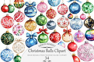 Watercolor Christmas Balls Clipart, an Illustration by Design Market