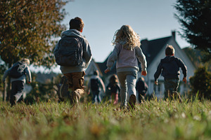Children running outdoors autumn day, a Photo by Pixeness Studio