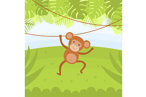 Cute Monkey Hanging on a Vine in, an Animal Illustration by TopVectors