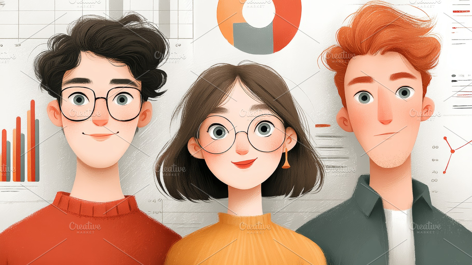 Three young colleagues standing in front of infographics and charts, smiling an, a Photo by AS photostudio