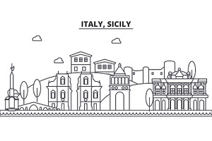 Italy, Sicily Architecture Line Skyline Illustration. Linear Vector Cityscape With Famous Landmarks, City Sights, Design Icons. Landscape Wtih Editabl