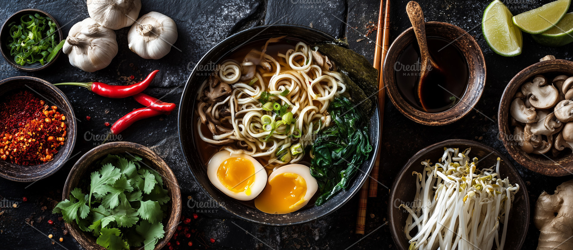 Flat lay of ramen soup, ingredients, a Food & Drink Photo by MistyDay