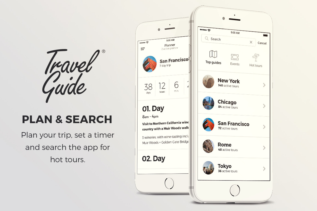 Travel Guide Mobile App UI, an iPhone Mockup by Tap-Tap design