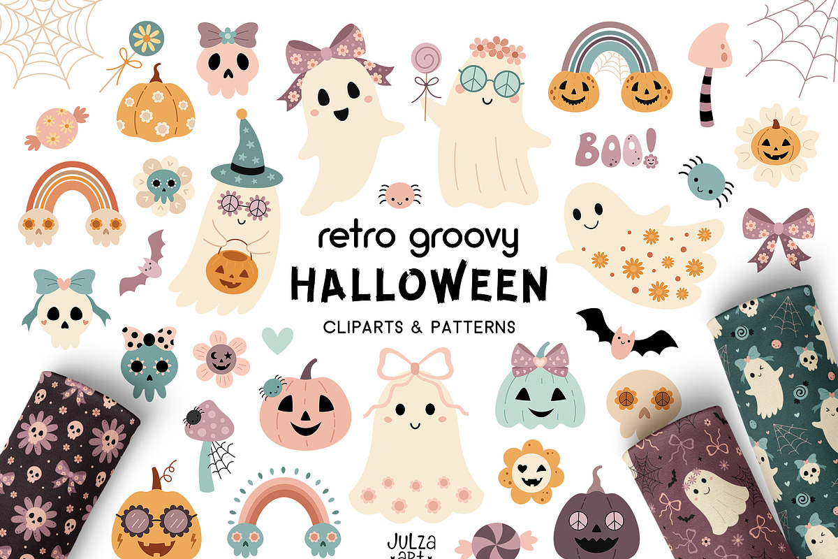 Retro Groovy Halloween Collection, a Seasonal Illustration by JulzaArt (Photo 1 of 10)