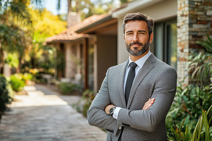 A confident realtor businessman standing outdoors in a well-maintained garden a, a Person Photo by Textures & Backgrounds