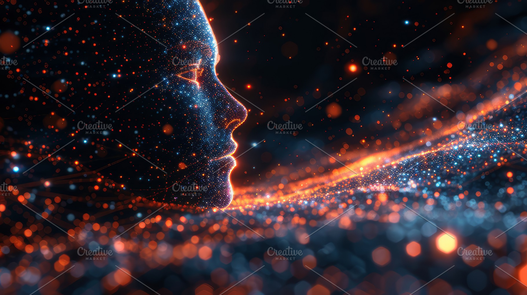 Stunning Digital Representation of a Human Face in a Universe of Sparkling Ligh, a Photo by AS photostudio