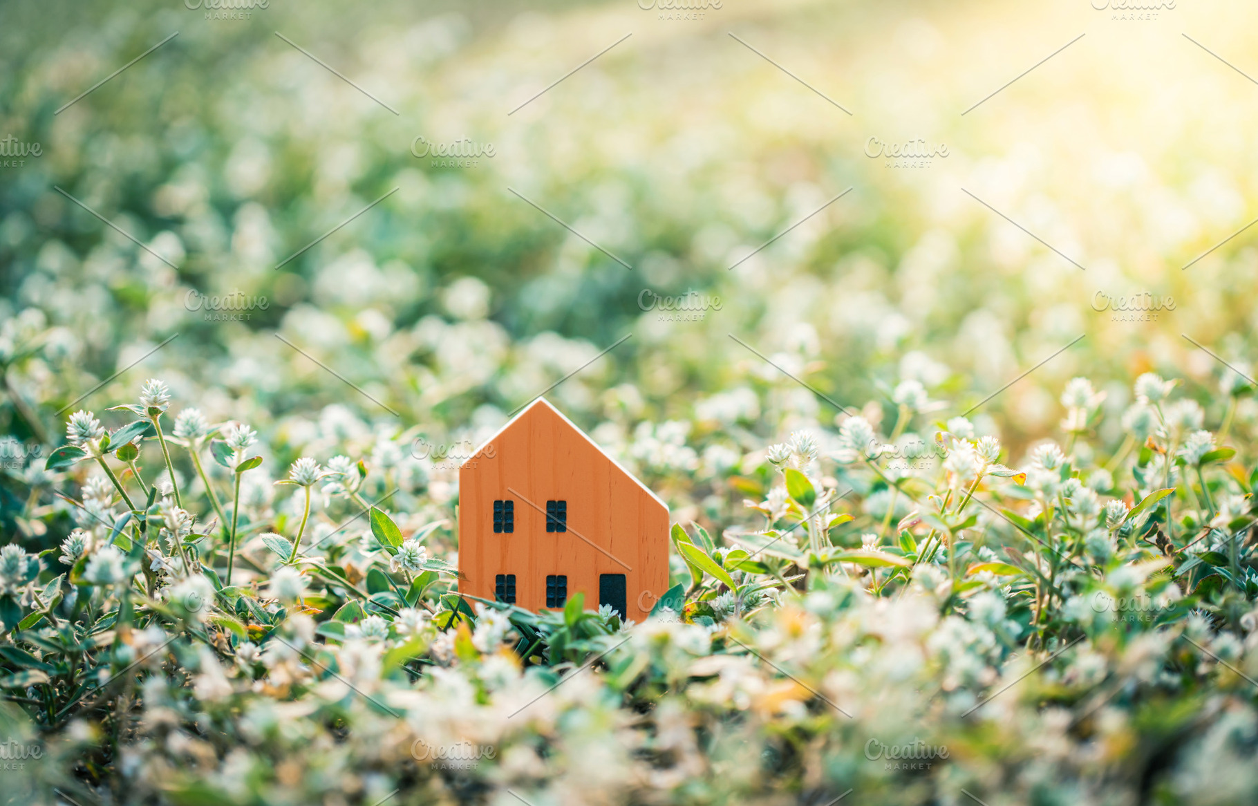 Orange house model  in green field., a Nature Photo by Nednapa