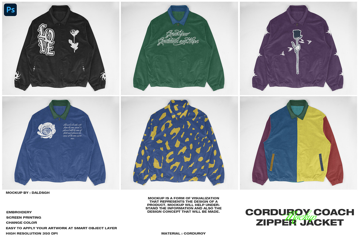 Corduroy Coach Zipper Jacket Mockup, a Hoody Mockup by DaldSgh (Photo 1 of 10)