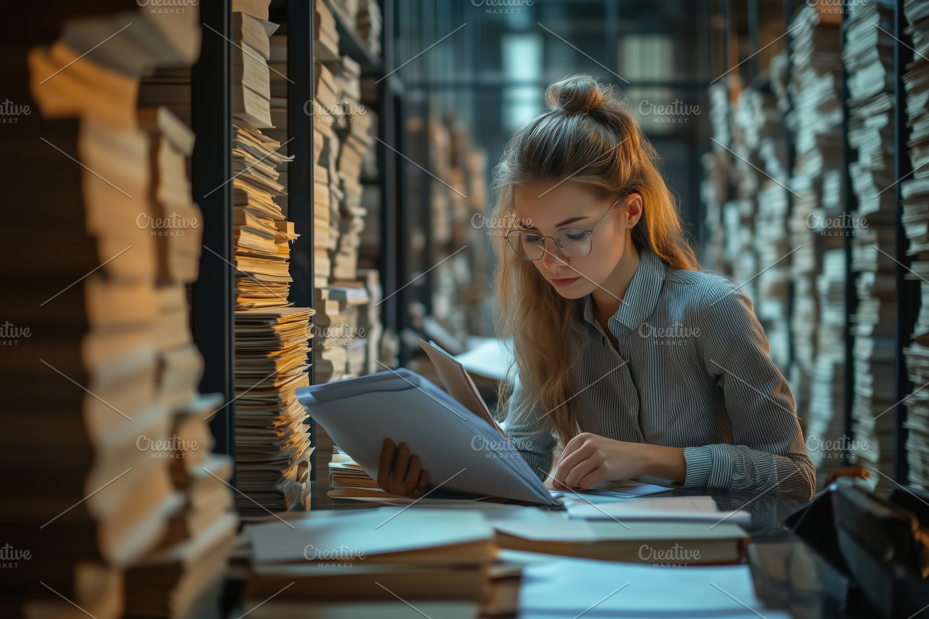 A young document specialist woman with glasses is studying documents in a libra, a Person Photo by Textures & Backgrounds