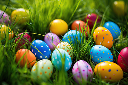 Colorful easter eggs on green grass, a Holiday Photo by AlyaAnd