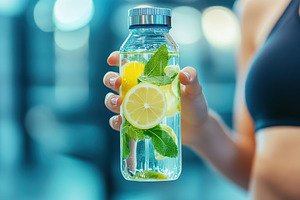 Refreshing lemon and mint infused water in a reusable transparent bottle during, a Food & Drink Photo by AlyaAnd