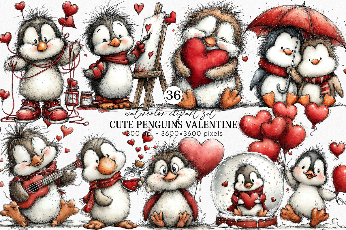 Cute Penguins Valentine Clipart, an Illustration by Canvas Craft (Photo 1 of 6)