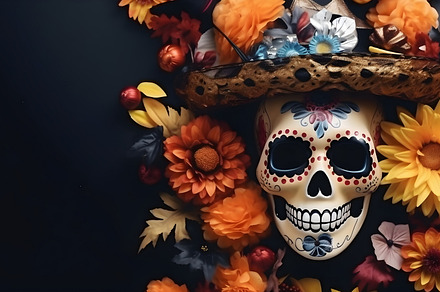 Halloween dark spooky scary background with autumn orange flower, a Holiday Photo by Mashimara