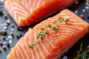 Thick salmon fillets with marbling on a slate platter garnished with herbs, a Food & Drink Photo by AlyaAnd