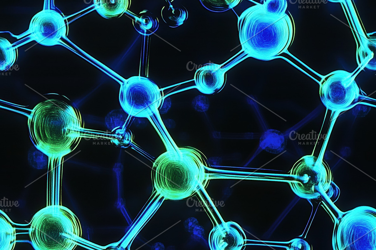 Seamless molecular structure with interconnected atoms, glowing in vibrant blue, a Pattern Graphic by Textures & Backgrounds