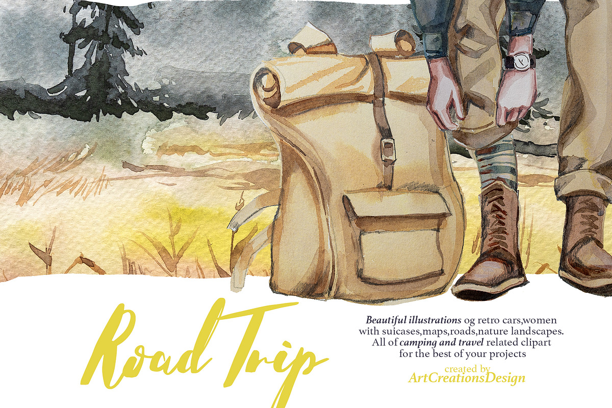 Watercolor Road Trip Clipart Set, a Person Illustration by ArtCreationsDesign (Photo 11 of 19)