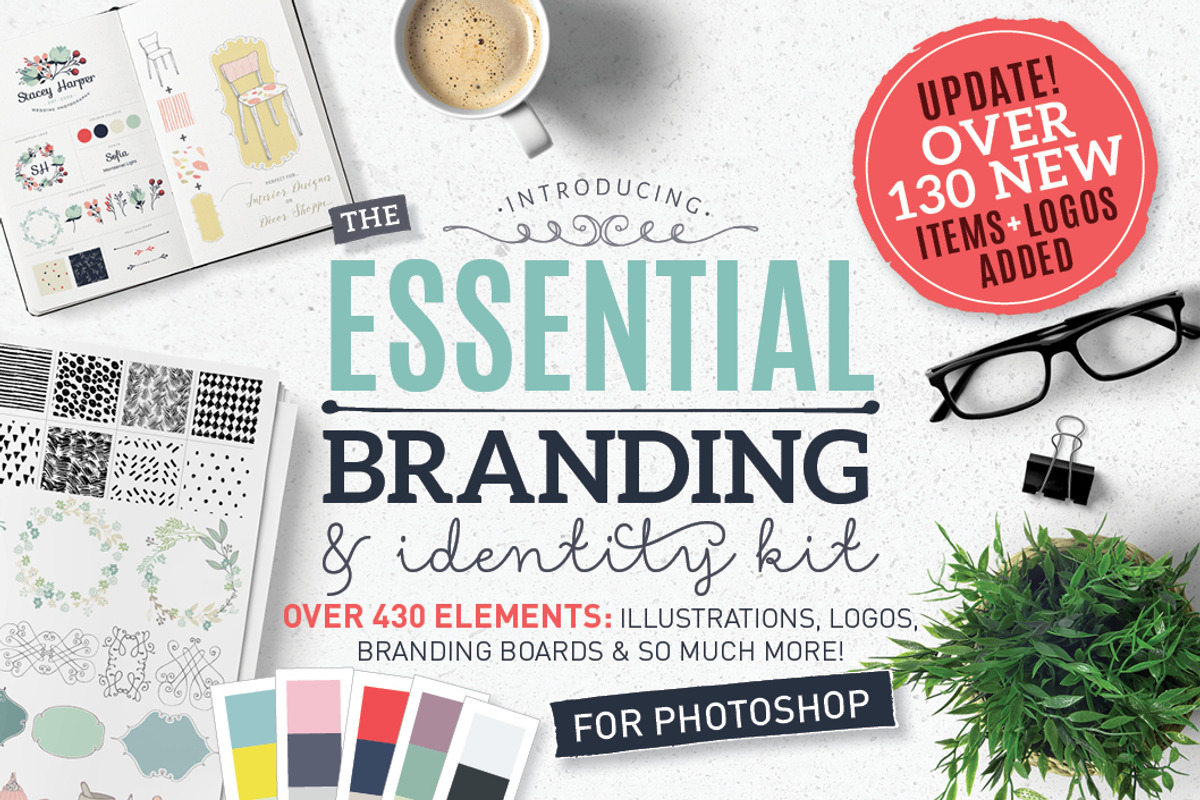 Essential branding kit for Photoshop, a Branding & Logo Template by Lisa Glanz (Photo 1 of 13)