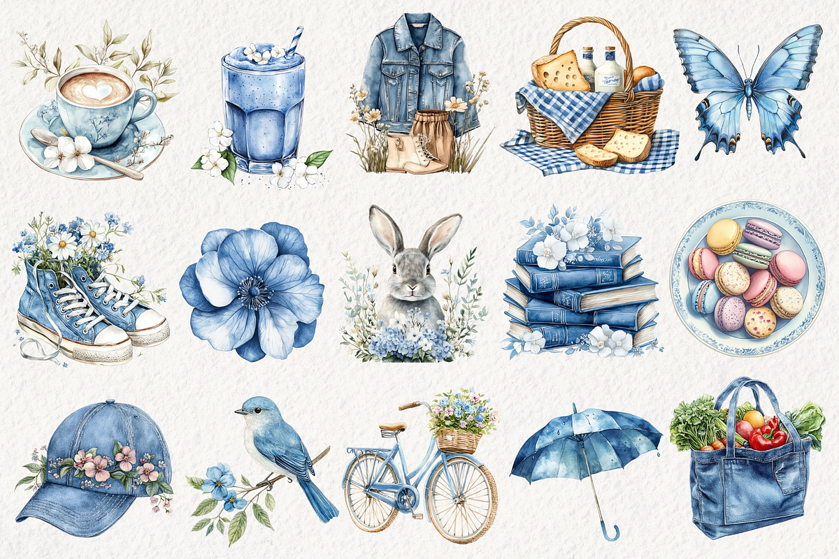 Vintage Denim Spring Clipart, an Illustration by NadiaTheronArt (Photo 2 of 4)