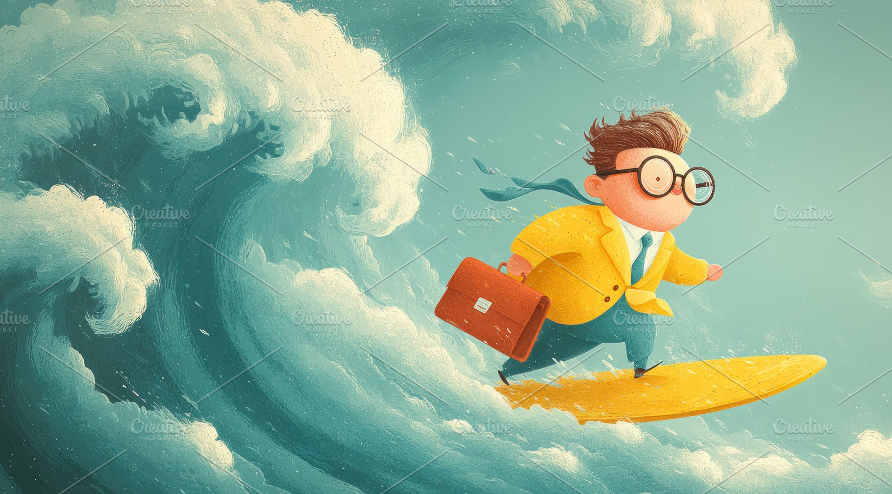 Cartoon businessman with glasses surfing giant teal waves on yel, an Abstract Photo by José Manuel Gelpi