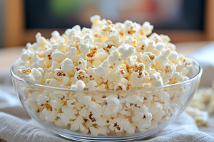 Clear glass bowl filled with fresh popcorn on a blurred background in a cozy se, a Food & Drink Photo by AlyaAnd