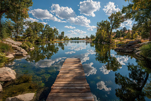 Wooden dock on serene lake reflectin, a Photo by Pixeness Studio
