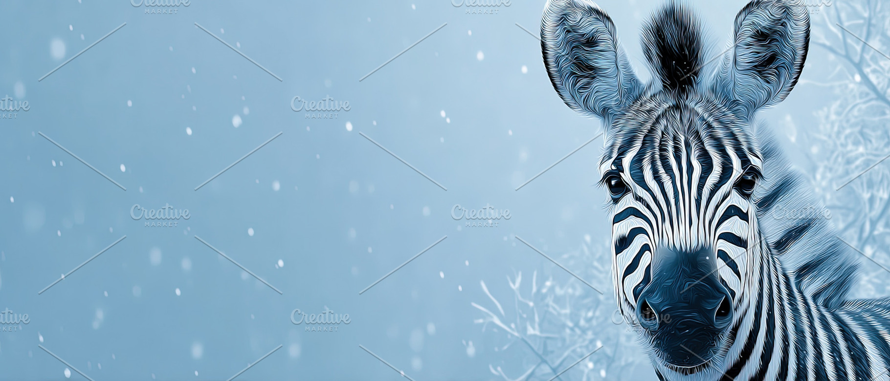 Close-up of a zebra against a snowy, blue-toned background, capt, a Photo by Ales Munt
