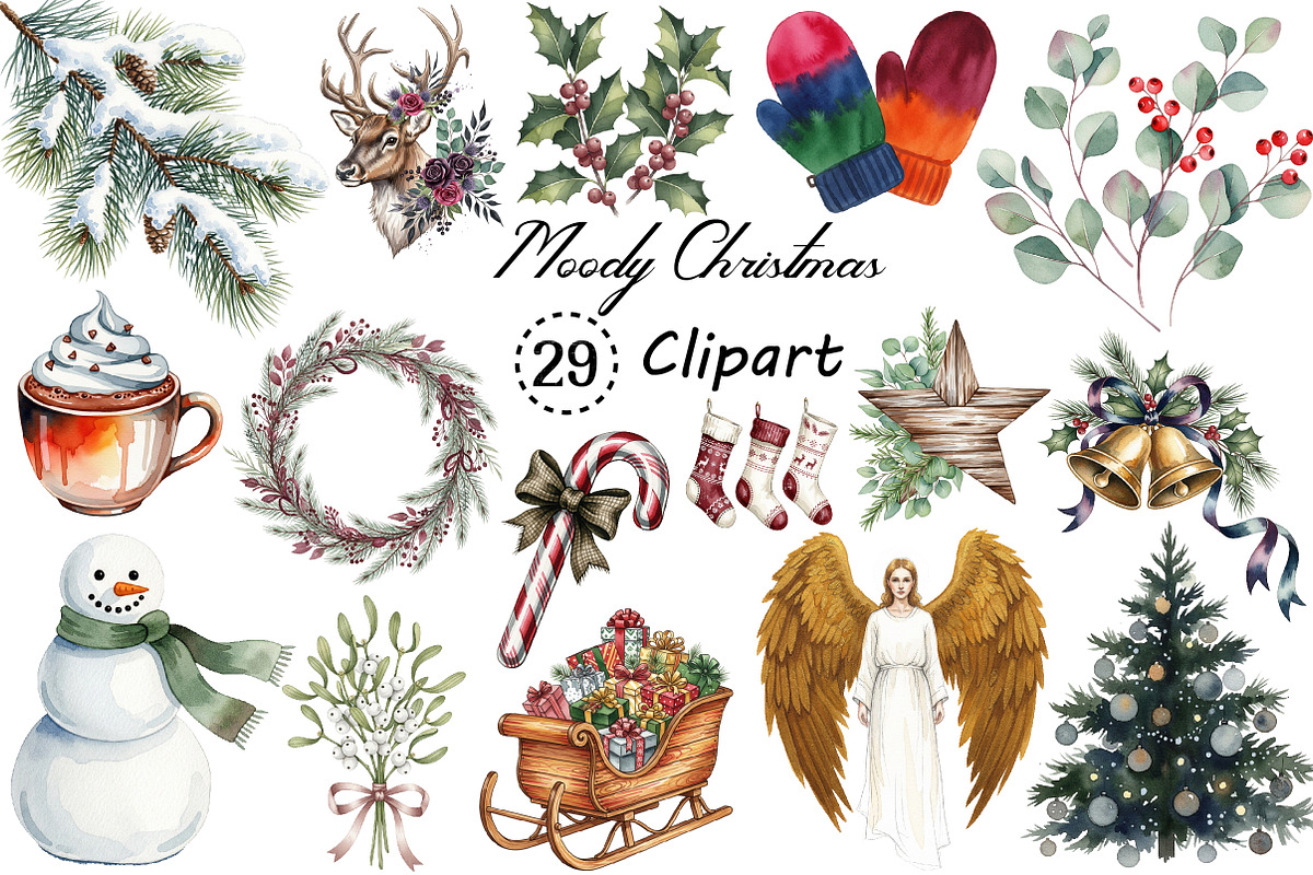 Moody Christmas Clipart PNG Bundle, an Illustration by Creative Art (Photo 1 of 9)