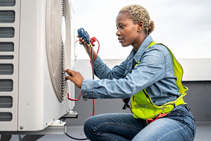Woman hvac technician repairing an outdoor air conditioning unit, a Person Photo by DanFLCreativo