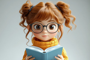 Young girl with glasses reading a bo, a Photo by Tanuart