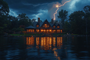 Lightning strikes over a lakeside ca, a Photo by Tanuart