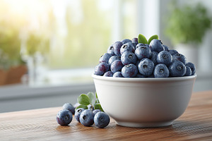 Juicy blueberries picked fresh and displayed in a ceramic bowl on a sunny kitch, a Food & Drink Photo by AlyaAnd