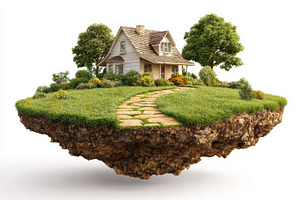 3D Floating house island home dream, a Photo by Pixeness Studio