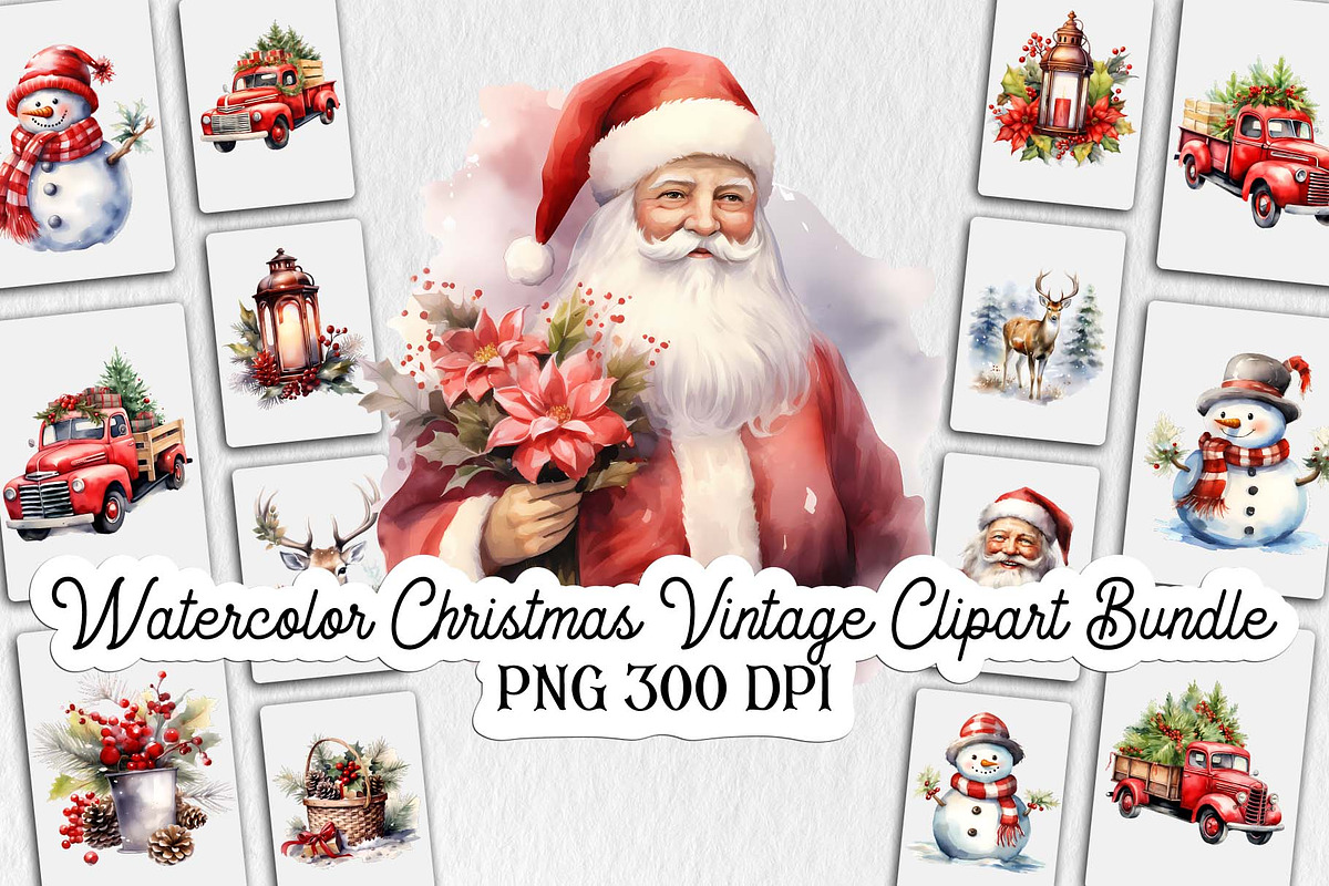Watercolor Christmas Vintage Clipart, an Illustration by Moon Studio (Photo 1 of 12)