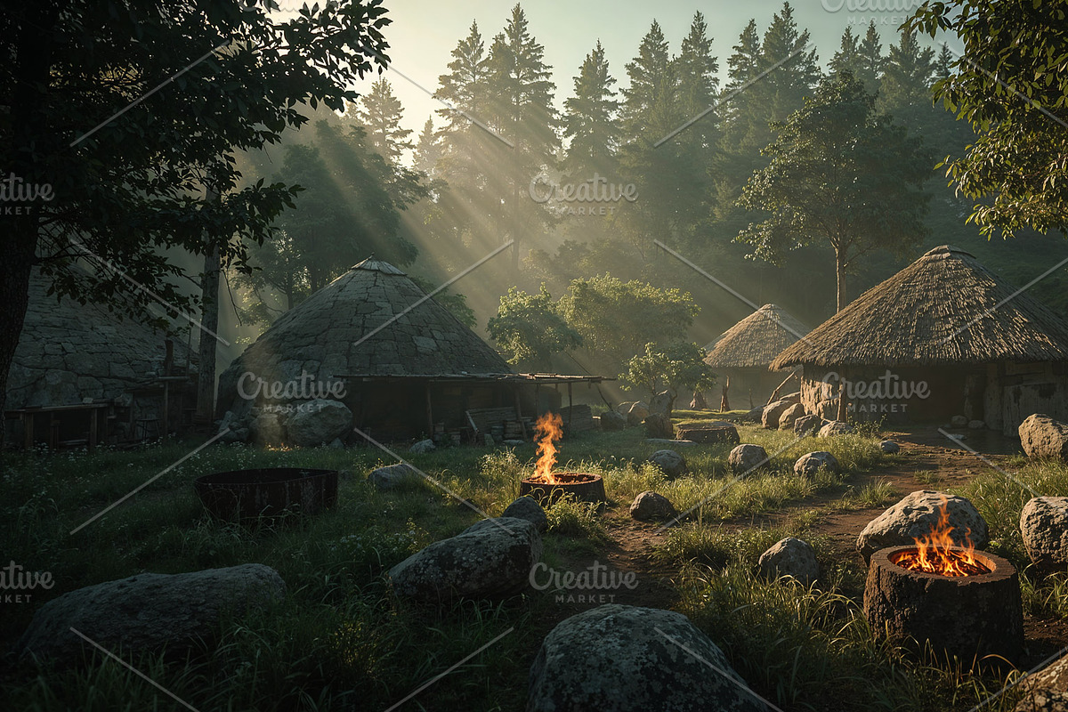 Round huts in clearing, an Illustration by wavebreak