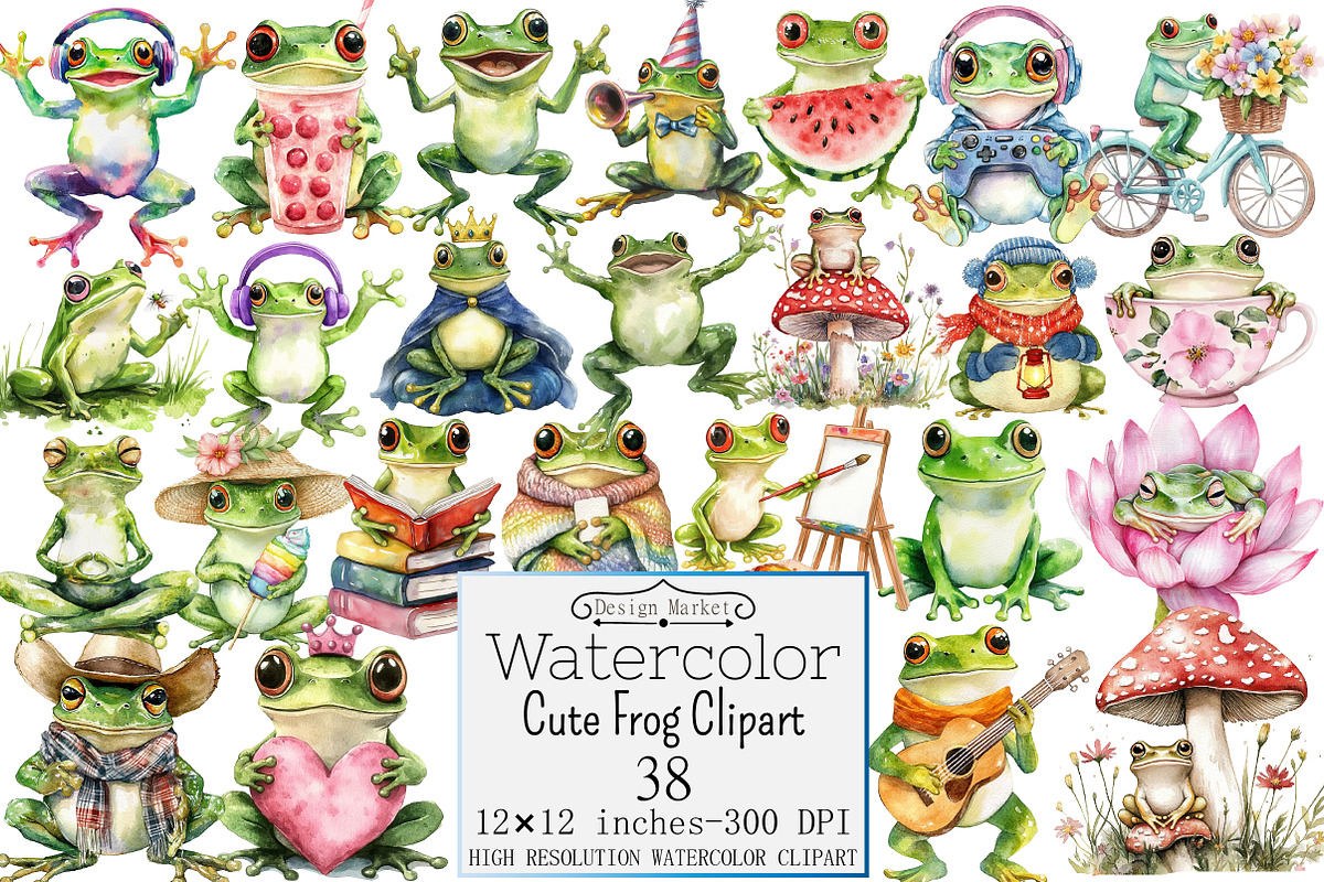 Watercolor Cute Frog Clipart, a Seasonal Illustration by Design Market (Photo 1 of 5)