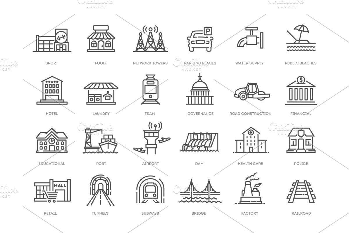 Public Infrastructure Icons, an Outline Icon by Tettygreen (Photo 2 of 2)