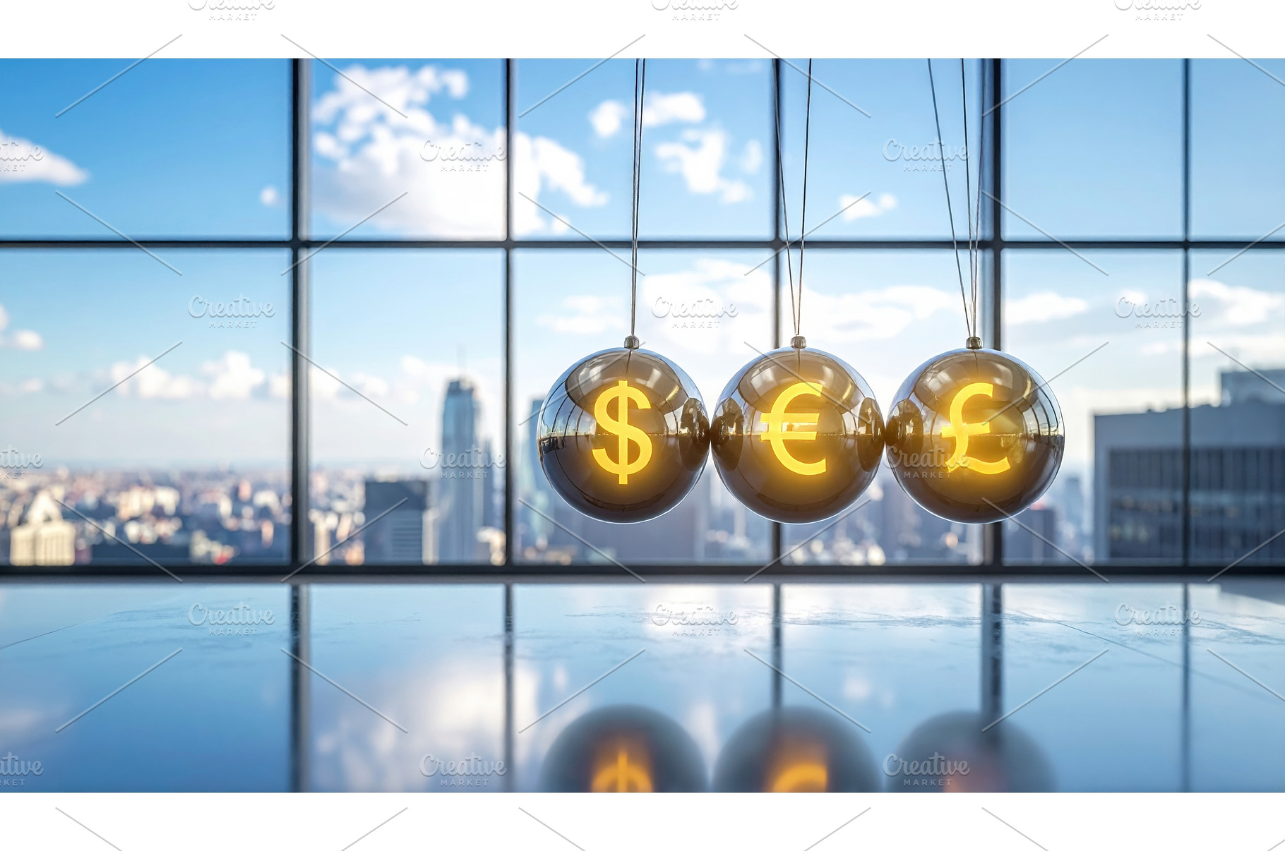 Newton cradle spheres glowing with, a Business Photo by Igor Tichonow