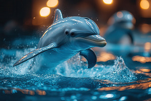 Dolphins leap gracefully in a shimme, a Photo by Tanuart