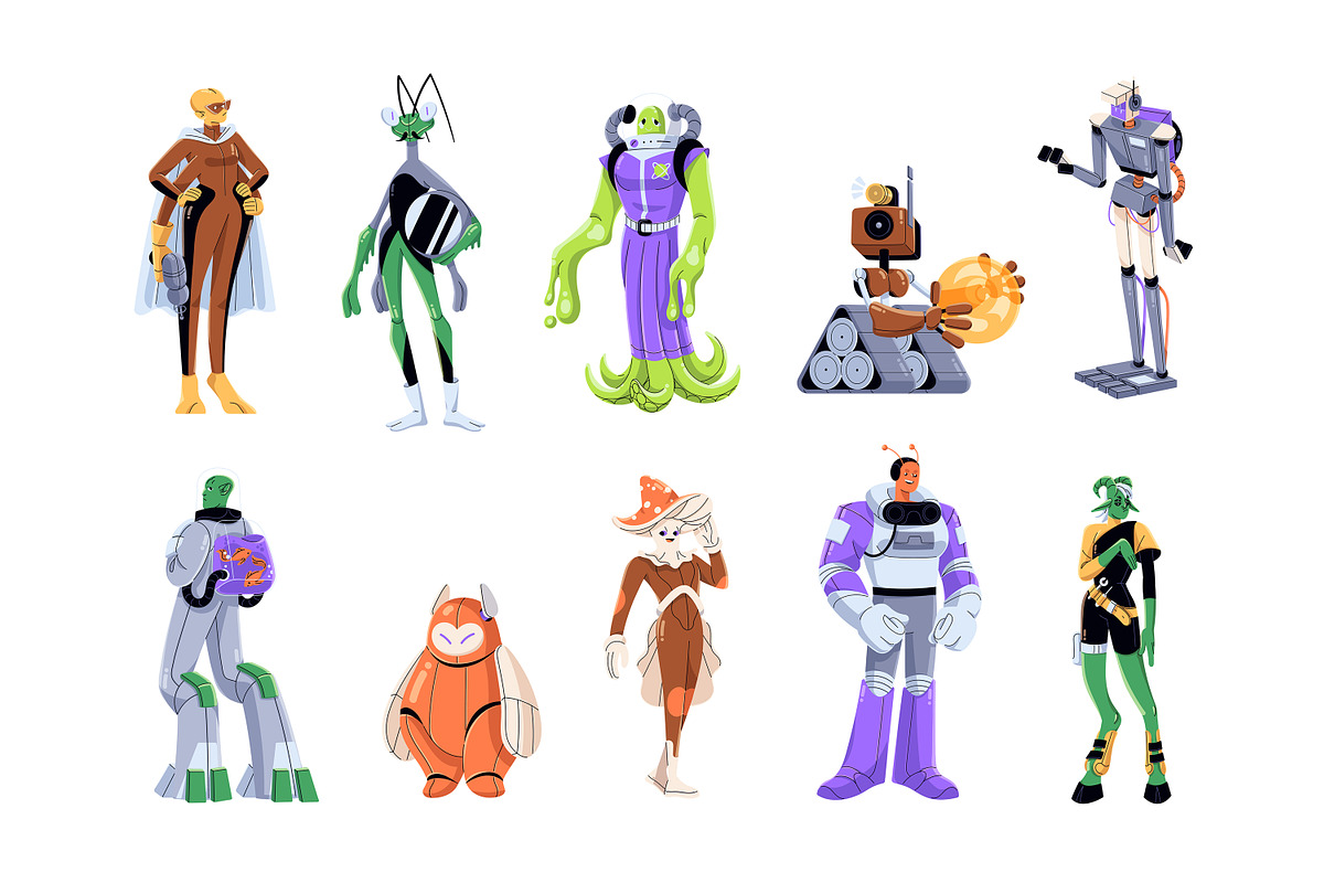 Aliens, space characters, robots set, a Person Illustration by PaperTrident (Photo 1 of 11)