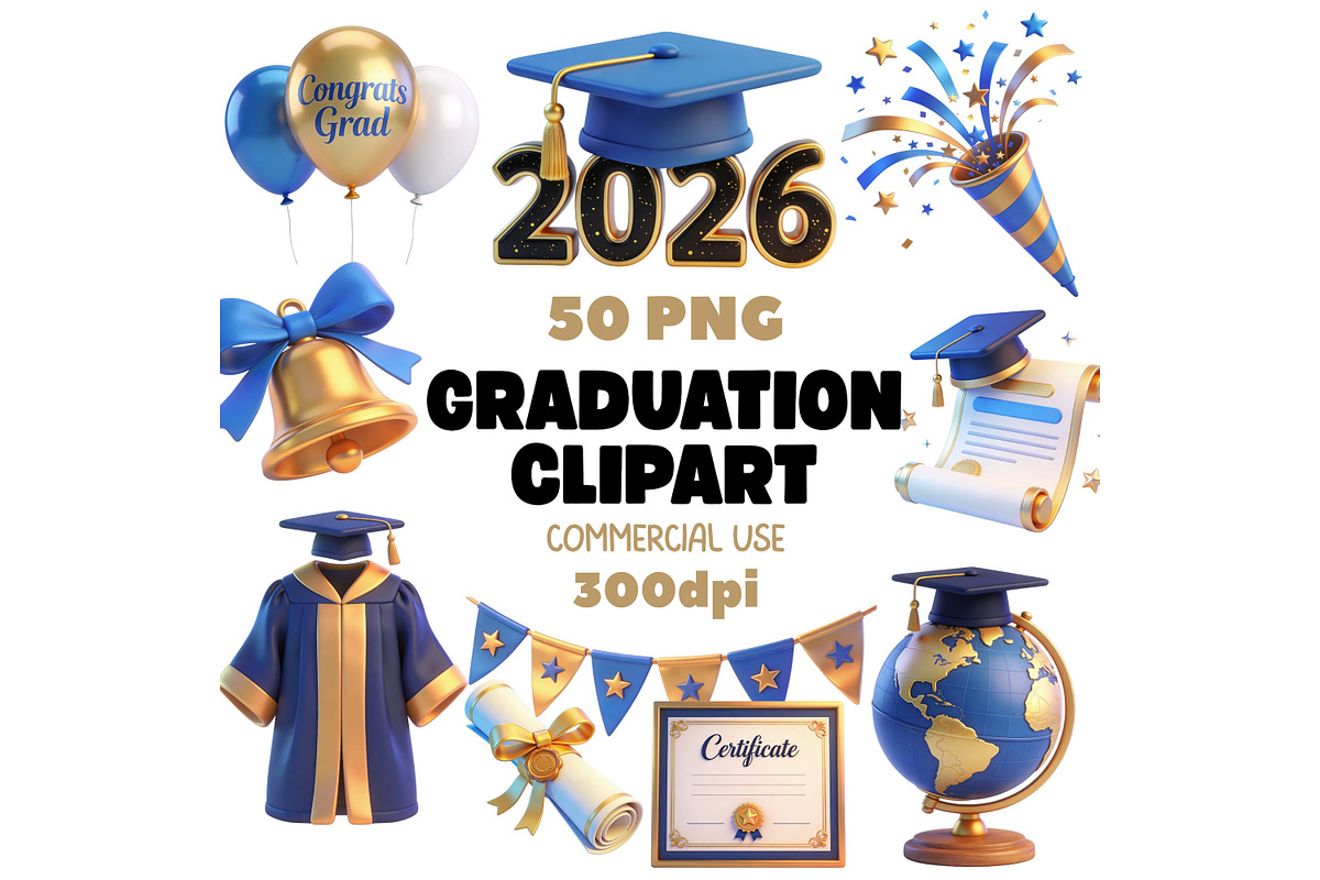 Graduation Clipart 50 PNG Bundle, an Education Illustration by Selenique Studio (Photo 1 of 7)