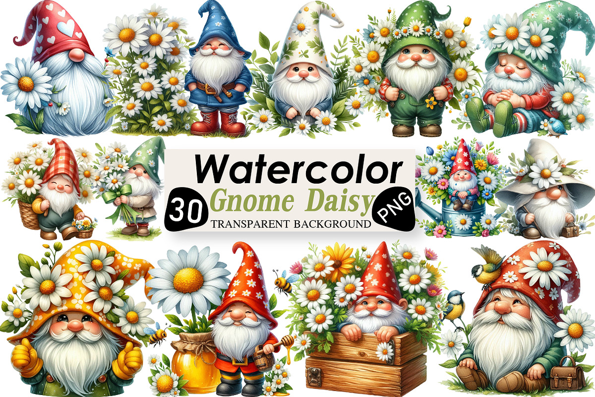 White Gnome Daisy Watercolor Clipart, an Illustration by Black Bird Studio (Photo 1 of 6)