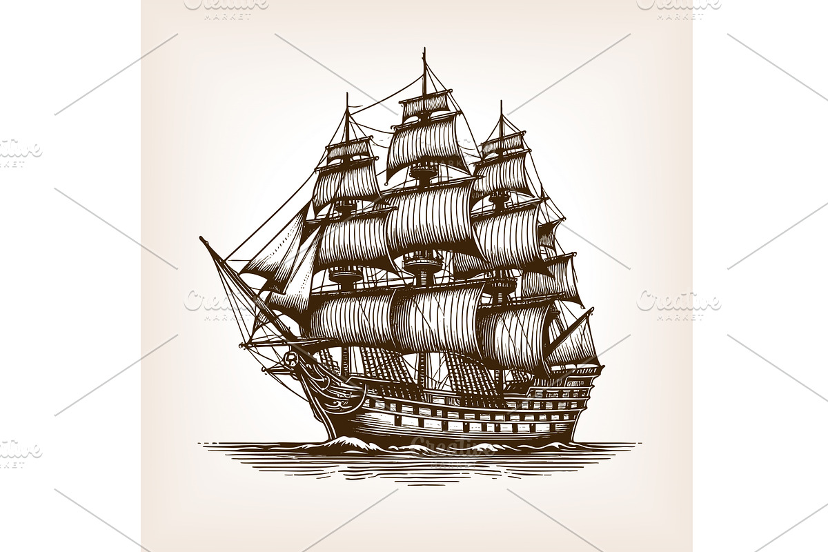 sailing ship engraving sketch vector, an Illustration by AlexArt
