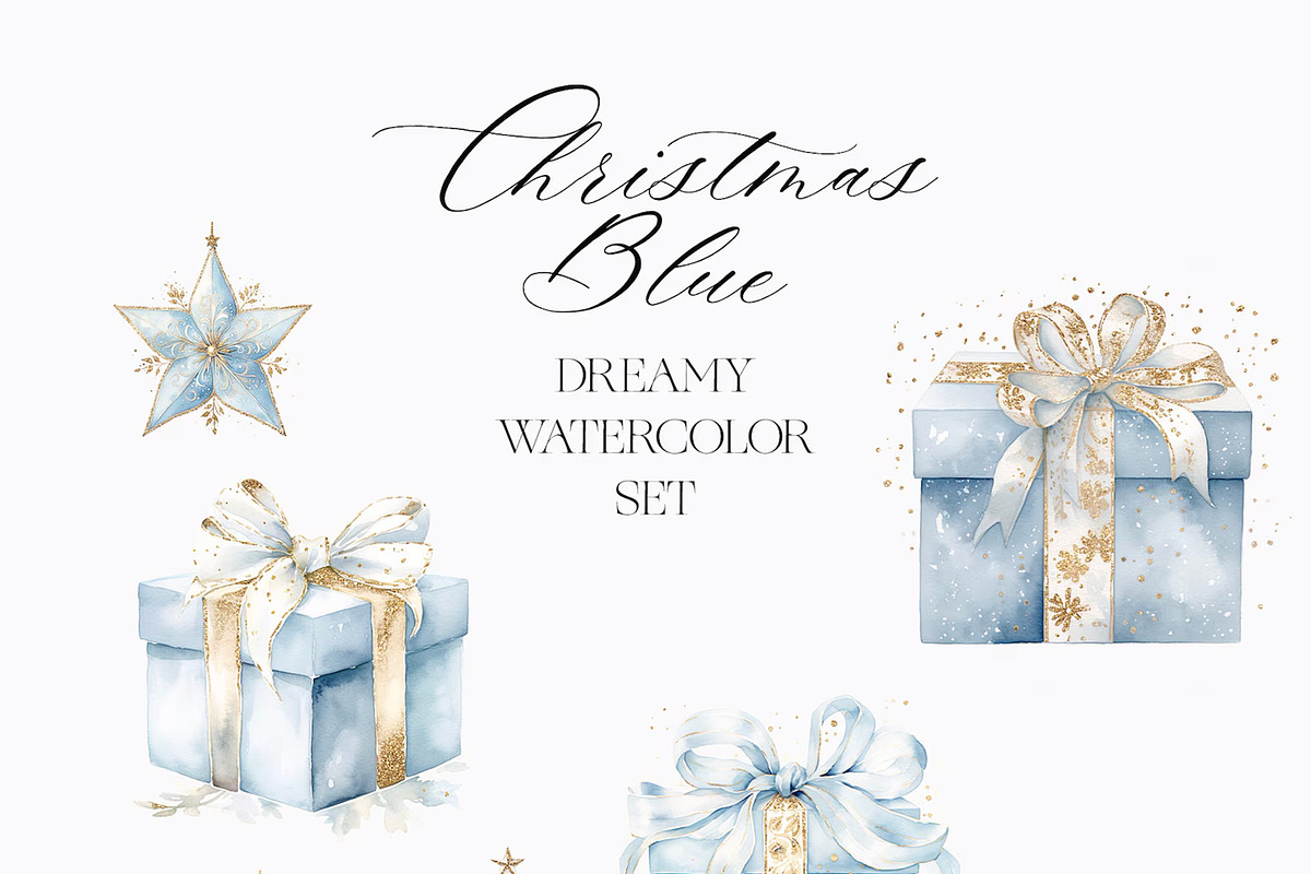 Christmas Blue Watercolor Dreamy Set, a Seasonal Illustration by studioequinox (Photo 4 of 10)