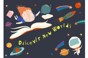 Cute Little Girl flying with Books, a Person Illustration by Maria Starus